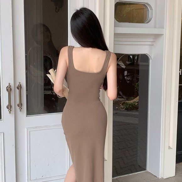Square Neck Dress with Waist Pleating & Side Zip